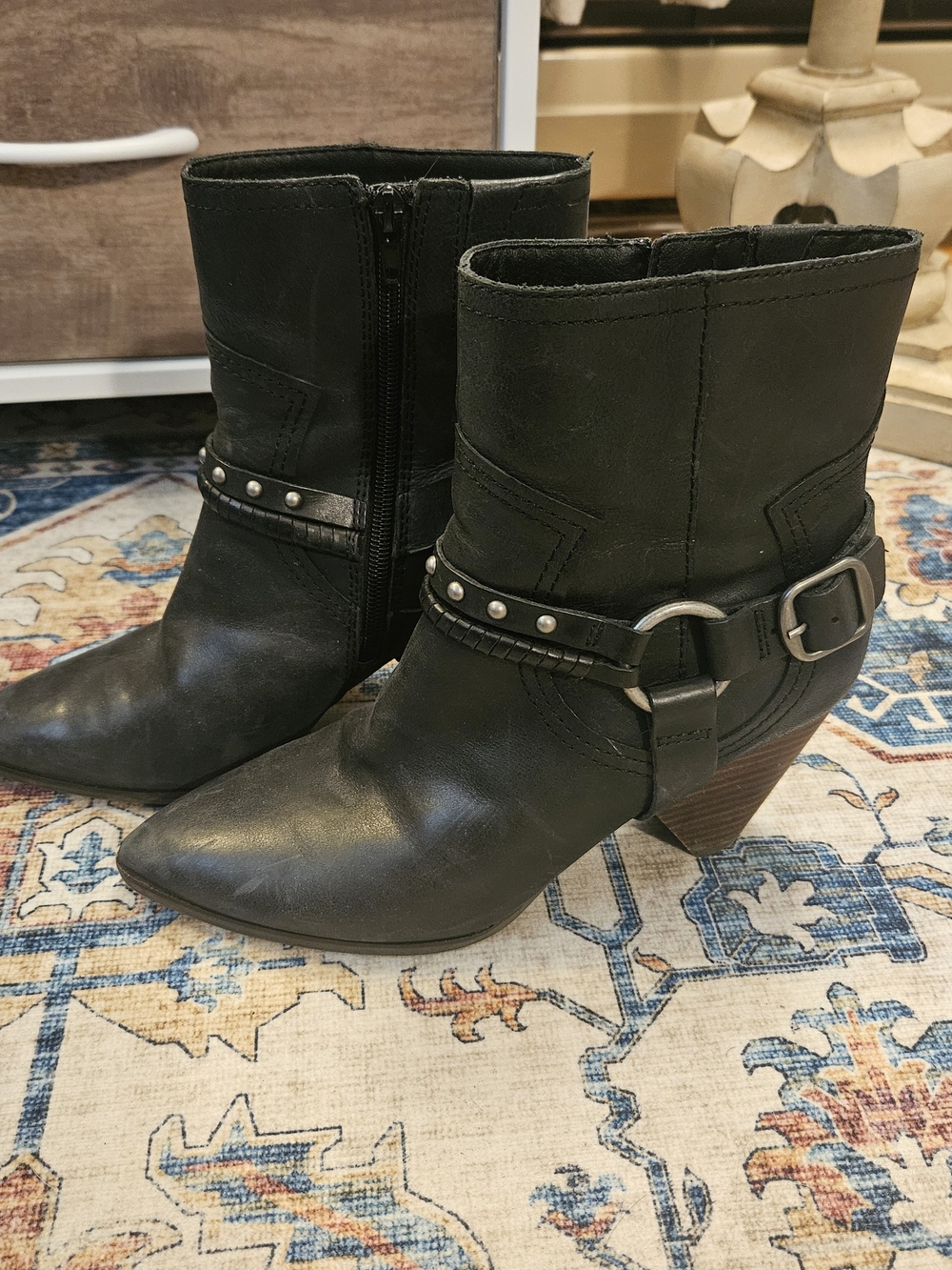 Lucky Brand Black Pointed Toe Ankle Booties with Buckle and Stud Detail